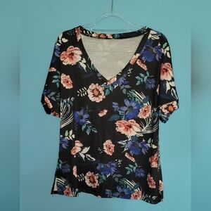 Women's Flower V Neck Short Sleeve Shirt Blue Size XL